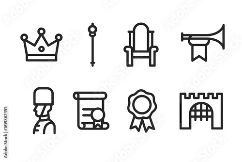 Royal Icon Set. Outline icon set of royal decree: crown, scepter, throne, herald trumpet, royal guard, scroll with ribbon, wax