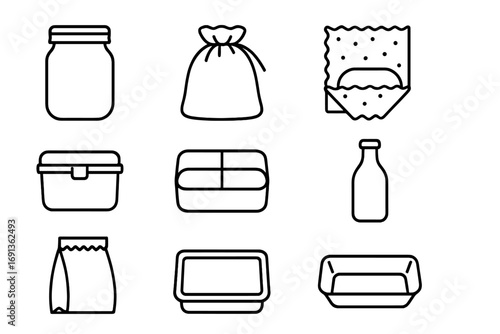 Zero-Waste Packaging Icons. Outline icon set of zero-waste food packaging: reusable jar, cloth bag, beeswax