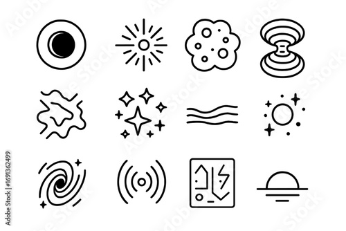 Cosmic Mystery Icons. Outline icon set of cosmic mystery exploration: black hole, energy burst, nebula cloud,