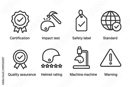 Safety and Sports Icons. Outline icon set of helmet safety standards: certification badge, impact test, safety label, standard
