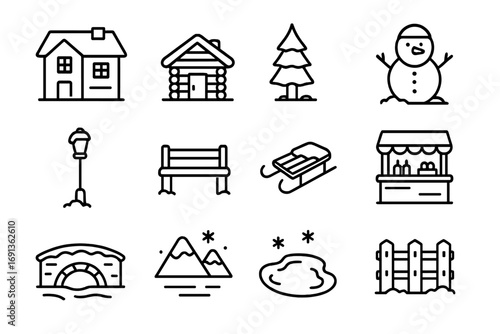 Snowy Market Icons. Outline icon set of snowy market scenery: house, cabin, pine tree, snowman, lamp post,