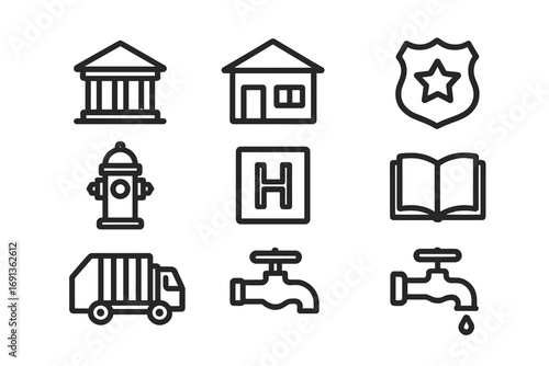 Public Service Icons. Outline icon set of public services: government building, post office, police badge,