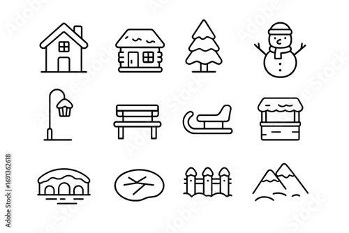 Snowy Market Icons. Outline icon set of snowy market scenery: house, cabin, pine tree, snowman, lamp post,