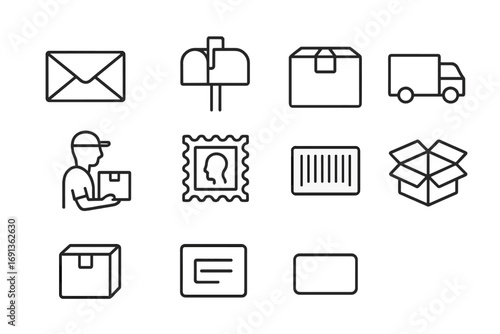 Postal Service Icons. Outline icon set of postal services: envelope, mailbox, parcel box, delivery truck,
