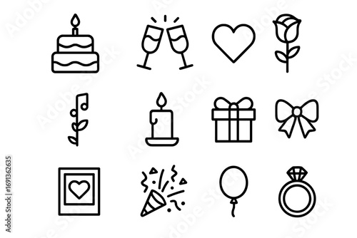 Anniversary Icon Set. Outline icon set of celebrating anniversaries: cake, champagne glasses, heart, rose,