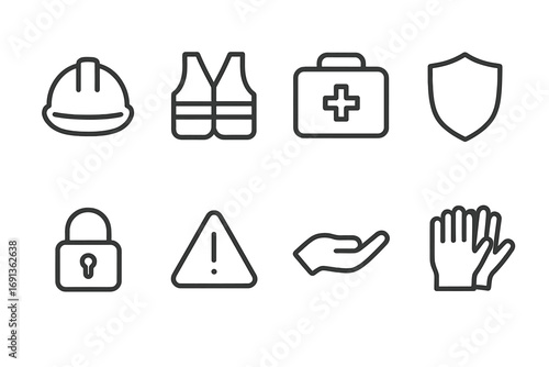 Safety Icon Set. Outline icon set of safety in raising: helmet, safety vest, first aid kit, shield, lock, alert symbol, hand