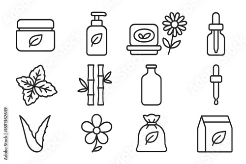 Organic Skincare Icons. Outline icon set of organic skincare packaging: cream jar, lotion pump, soap bar,