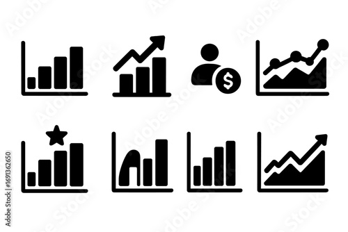 Sales Graph Icon Set. Solid, filled icon set of sales performance graphs: monthly sales, quarterly growth, customer acquisition,