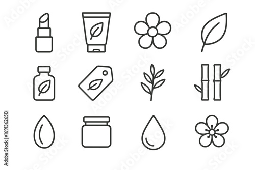 Eco Branding Icons. Outline icon set of eco cosmetic branding: lipstick, cream tube, flower, leaf, essential