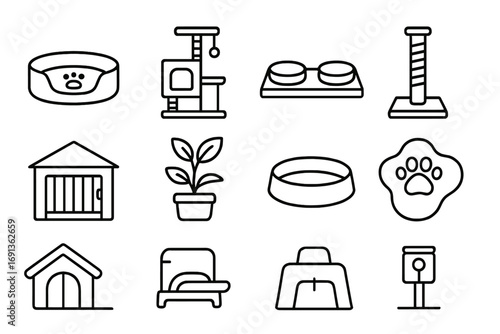 Pet-Friendly Home Icons. Outline icon set of pet-friendly home designs: dog bed, cat tower, pet feeding