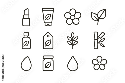 Eco Branding Icons. Outline icon set of eco cosmetic branding: lipstick, cream tube, flower, leaf, essential