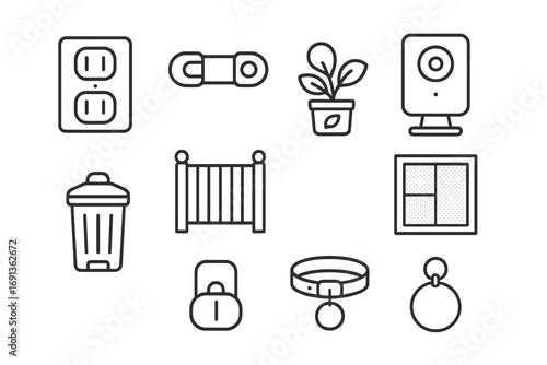 Pet Safety Icons. Outline icon set of pet safety at home: outlet cover, cabinet lock, pet camera, baby gate,