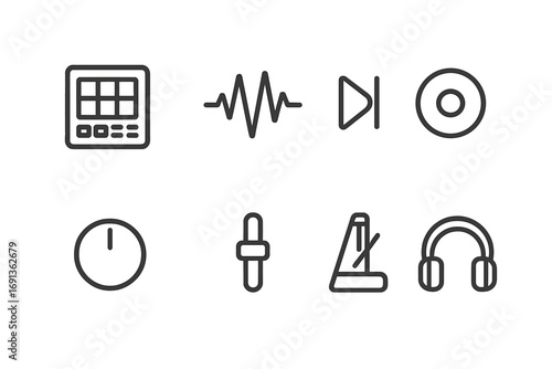 Sampling Gear Icons. Outline icon set of sampling gear: drum pad, waveform, play/pause, record light, volume knob, slider,