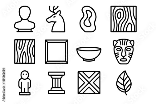 Wood Design Icons. Outline icon set of sculptural wood design: bust, animal head, abstract shape, relief,