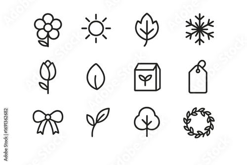 Seasonal Floral Icon Set. Outline icon set of seasonal floral packaging: spring flower, summer sun, autumn