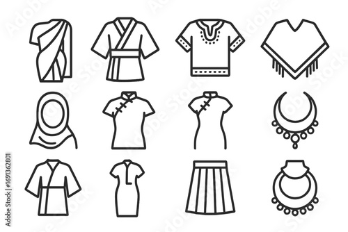 Cultural Fashion Icon Set. Outline icon set of cultural fashion inclusivity: sari, kimono, dashiki, poncho,