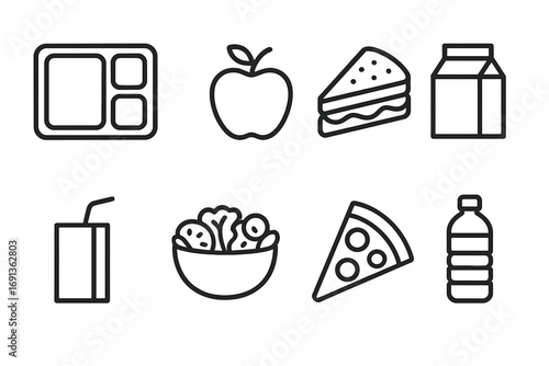School Meals Icons. Outline icon set of school meals: lunch tray, apple, sandwich, milk carton, juice box, salad, pizza slice,