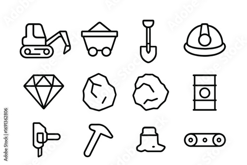 Resource Extraction Icons. Outline icon set of resource extraction: drill machine, ore cart, shovel, helmet,