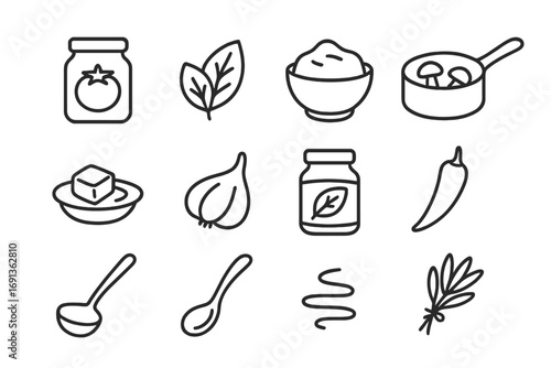 Ravioli Sauces Icons. Outline icon set of ravioli sauces: tomato sauce jar, basil leaf, cream sauce bowl,