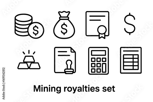 Mining Royalties Icons. Outline icon set of mining royalties: coin stack, cash bag, royalty certificate,
