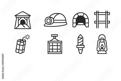 Underground Mining Icons. Outline icon set of underground mining: mine shaft, helmet lamp, tunnel, cart tracks