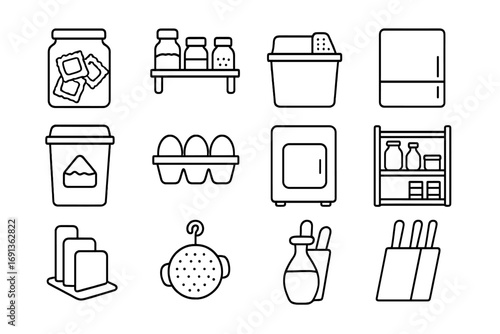 Ravioli Kitchen Icons. Outline icon set of ravioli kitchen storage: pasta jar, spice rack, cheese container,