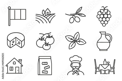 Italian Pasta Icon Set. Outline icon set of traditional Italian pasta culture: Italian flag, vineyard, olive