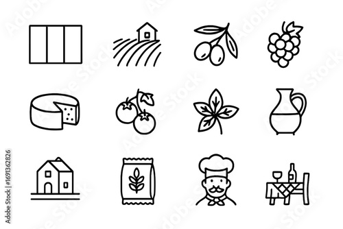 Italian Pasta Icon Set. Outline icon set of traditional Italian pasta culture: Italian flag, vineyard, olive