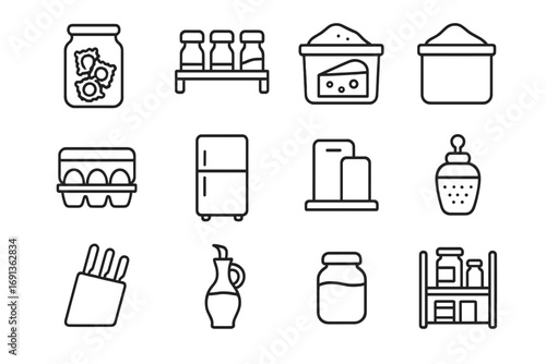 Ravioli Kitchen Icons. Outline icon set of ravioli kitchen storage: pasta jar, spice rack, cheese container,
