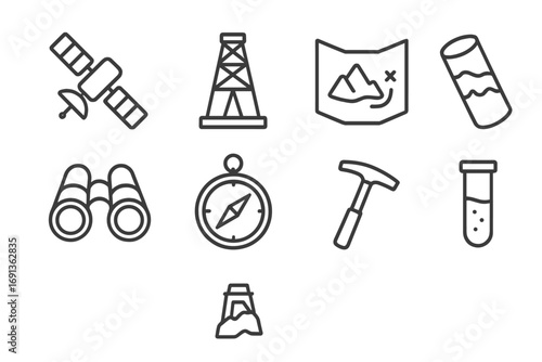 Mineral Exploration Icons. Outline icon set of mineral exploration: satellite, drilling rig, exploration map,