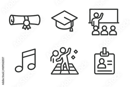 School Reunion Icons. Outline icon set of school reunion: diploma, graduation cap, yearbook, classroom, microphone, music note,