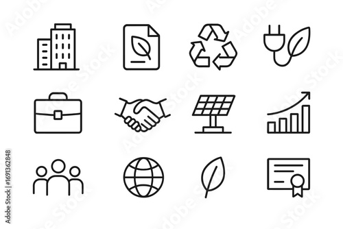 Corporate Sustainability Icons. Outline icon set of corporate sustainability: office building, eco report,