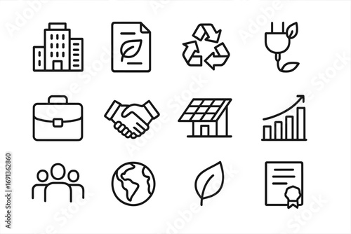 Corporate Sustainability Icons. Outline icon set of corporate sustainability: office building, eco report,