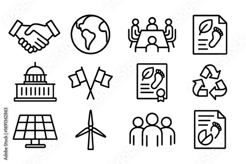 Global Cooperation Icons. Outline icon set of global cooperation on carbon footprint: handshake, globe,