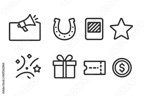Scratch Card Icons. Outline icon set of scratch card marketing: advertisement, lucky charm, jackpot text, star, confetti, prize