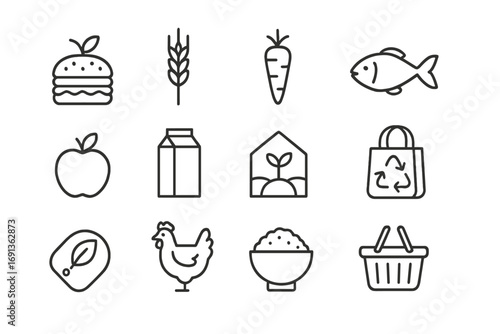 Sustainable Food Icons. Outline icon set of food sustainability: plant-based burger, wheat, carrot, fish,