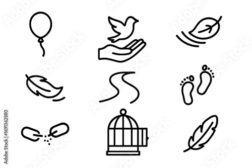 Letting Go Icons. Outline icon set of letting go: balloon floating, hand releasing bird, leaf in wind, open