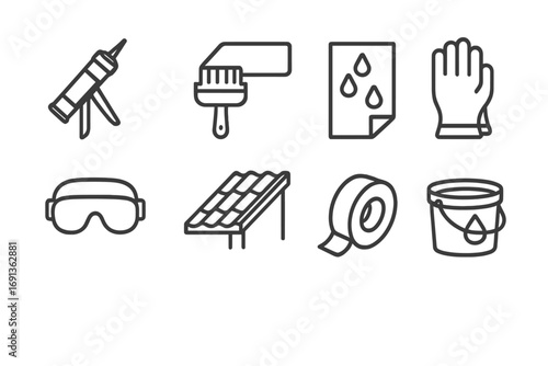 Roof Waterproofing Icons. Outline icon set of roof waterproofing: sealant tube, brush roller, waterproof