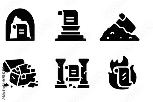 Scroll Icon Collection. Solid, filled icon set of scroll discovery scenes: scroll in cave, scroll on altar, buried scroll, broken