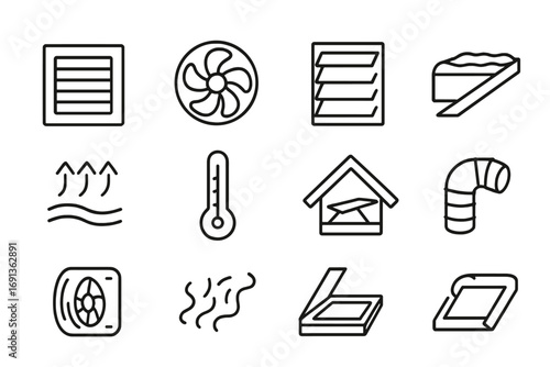 Attic Ventilation Icons. Outline icon set of attic ventilation: vent cover, fan, louver, insulation, airflow