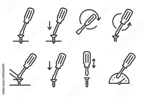 Screwdriver Icon Set. Outline icon set of screwdriver actions: tightening, loosening, rotating clockwise, rotating