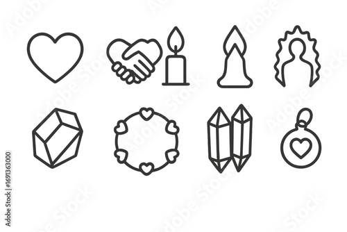 Crystals for Love Icons. Outline icon set of crystals for love: rose quartz heart, intertwined hands, candle