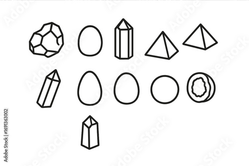 Crystal Shape Icons. Outline icon set of crystal shapes: raw stone, polished tumble, point tower, pyramid,