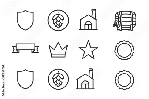 Beer Branding Icons. Outline icon set of beer branding: logo shield, hop badge, brewery sign, vintage barrel,