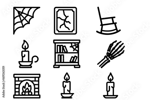 Creepy Interiors Icon Set. Outline icon set of creepy interiors: cobweb corner, broken mirror, rocking chair,