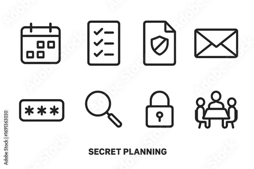 Secret Planning Icons. Outline icon set of secret planning: calendar, checklist, confidential document, envelope, code, magnifying