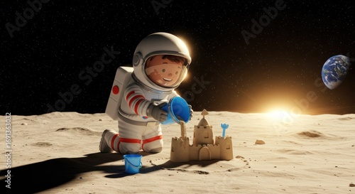 A cheerful cartoon astronaut creates a sandcastle on the moon, Earth visible and a radiant sunrise, symbolizing imaginative play and cosmic exploration