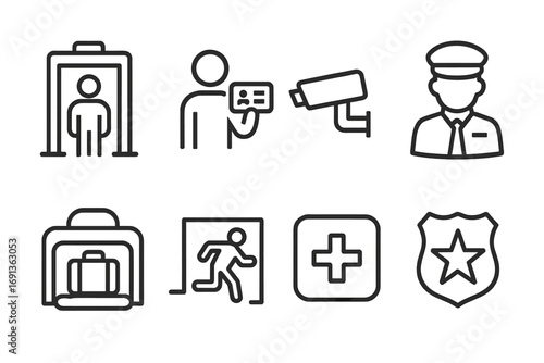 Security Icons Set. Outline icon set of arrival security: metal detector, ID check, surveillance camera, security guard, baggage