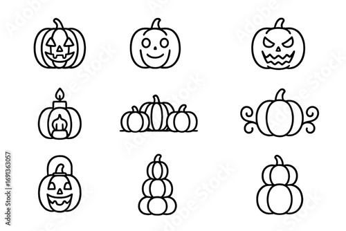Pumpkin Icon Set. Outline icon set of pumpkins and jack-o’-lanterns: carved pumpkin, smiling face pumpkin,