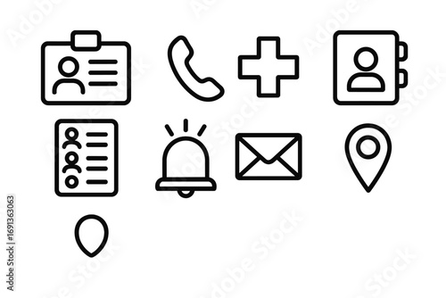 Emergency Contact Icons. Outline icon set of emergency contact card: ID card, phone symbol, medical cross,